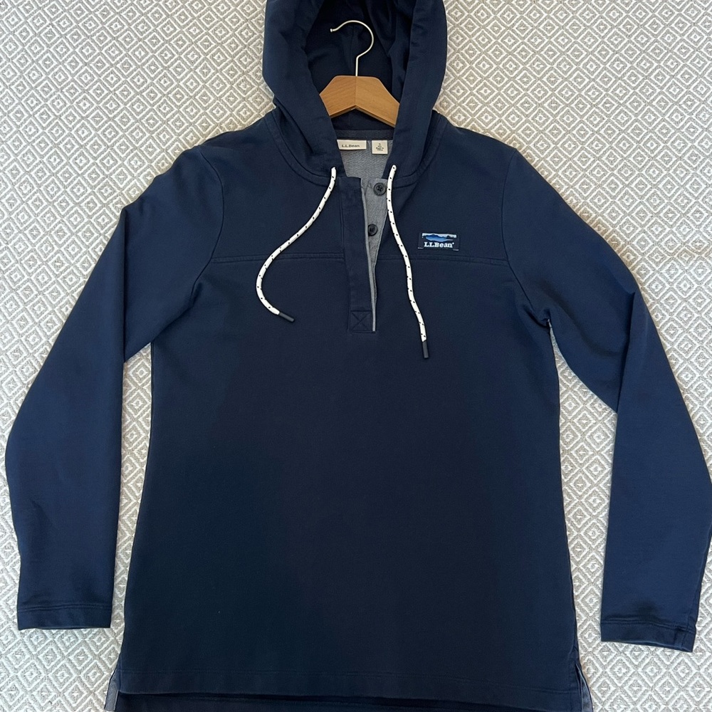 L.L. Bean Navy 1/4 Button thin cotton sweatshirt with drawstring hood.